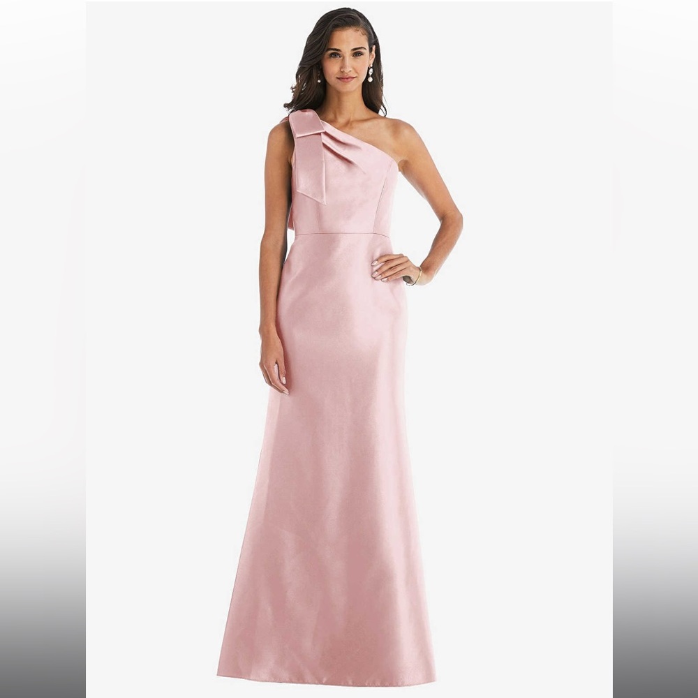 Dessy Collection One-Shoulder Satin Gown in Blush Pink